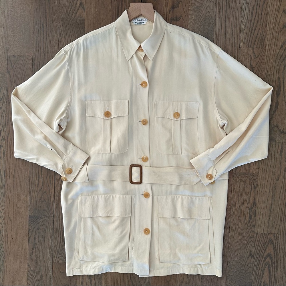Calvin Klein Vintage Tie-Waist Safari Style Jacket in Ivory Cream Size 4 / Small